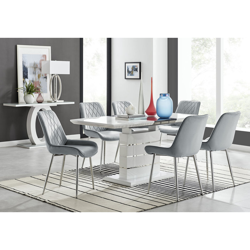Everson High Gloss 6 Seat Extendable Dining Set with Luxury Velvet Upholstered Dining Chairs, Gray/Silver