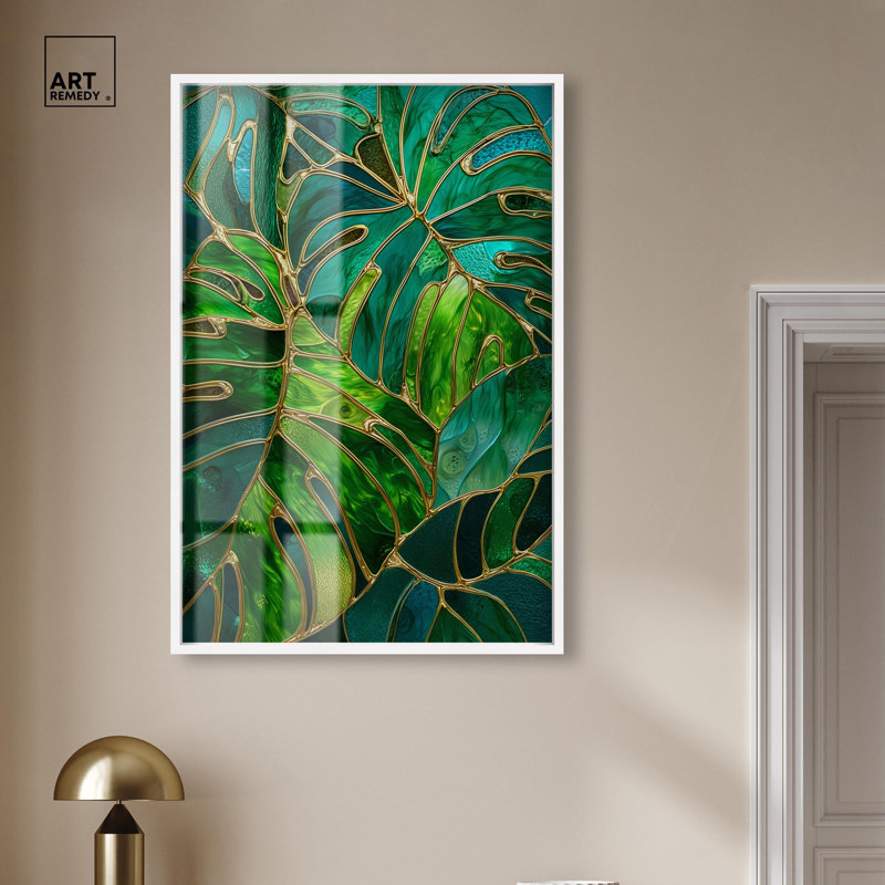 Décoration murale en verre avec feuille en verre II par Art Remedy, cadre blanc, 30 x 45, H 46 po x l 31 po, Cadre blanc