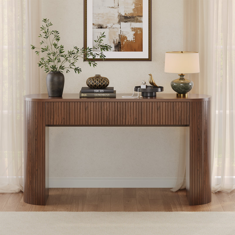 55'' Tambour Console Table With Oval Tabletop For Living Room Hallway Foyer Entrance Study, 31.5" H x 55.1" W x 13.7" D