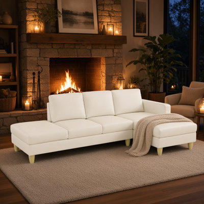 L-Shaped Sectional Sofa with Ottoman and Faux Leather Fabric