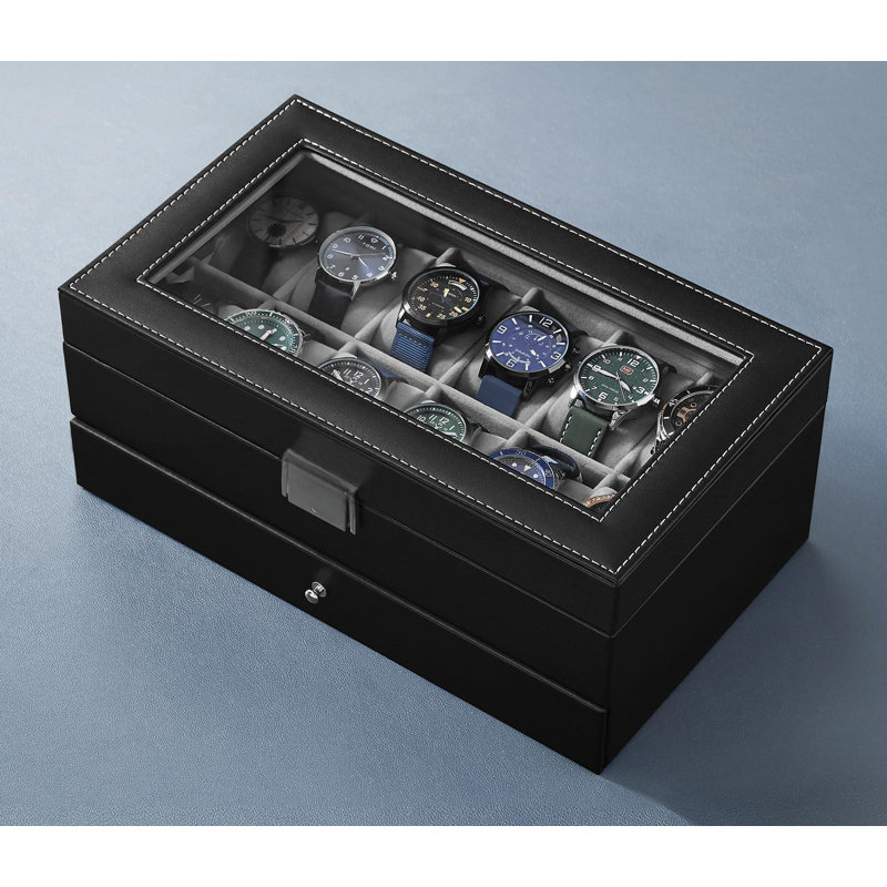 Boîte à montre à 12 emplacements, boîtier de montre verrouillable avec couvercle en verre, 2 couches, avec 1 tiroir pour anneaux, bracelets, cadeau de Noël, cuir synthétique noir, doublure grise