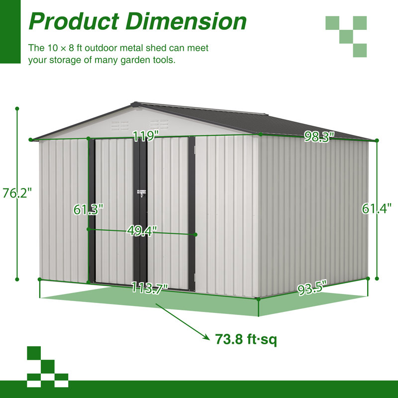Remise de rangement extérieure 10 pi x 8 pi, remise en métal toutes saisons avec portes verrouillables, remise à outils pour le jardin, le patio, la cour arrière, la pelouse