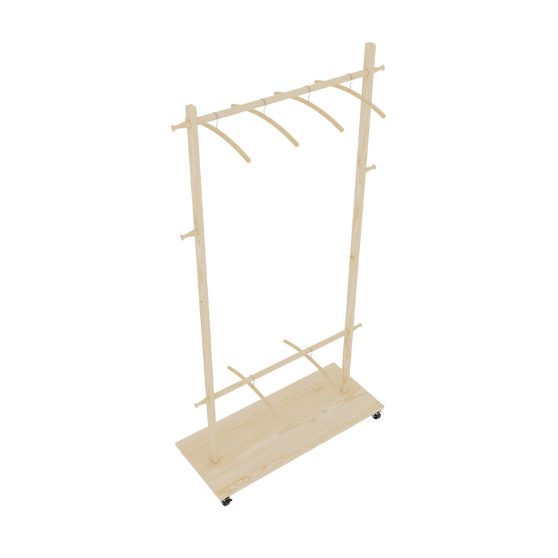 Séchoir à vêtements en bois massif avec 6 cintres en bois, conception compacte, tablette réglable et roulettes pour faciliter le déplacement - parfait pour la chambre à coucher, le salon ou le vestibule