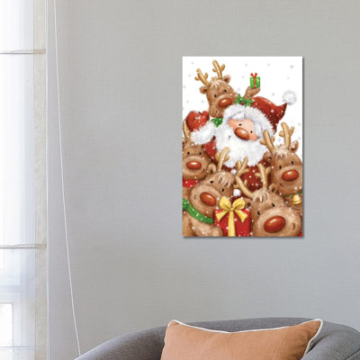 Santa And Reindeers by MAKIKO - Wrapped Canvas Print