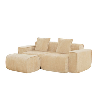 Canapé modulaire en L à 2 places avec passepoil à bordure française, sans assemblage requis, canapé à 2 places avec coussins décoratifs et 1 repose-pieds mobile, tissu de velours
