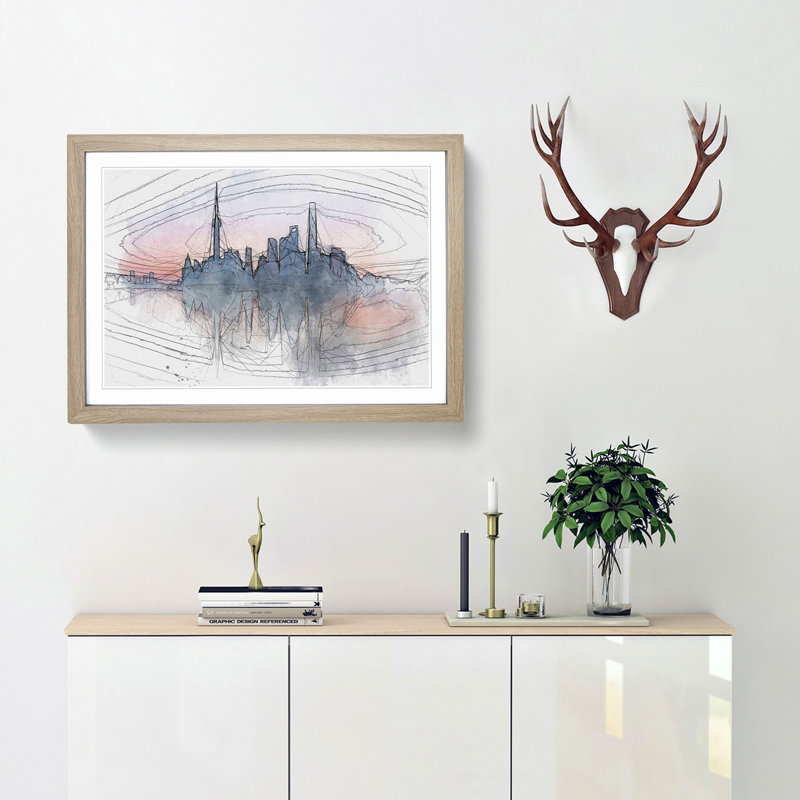 View of Shanghai in China in Abstract - Picture Frame Graphic Art Print, 60cm H x 91cm W x 2cm D, Oak