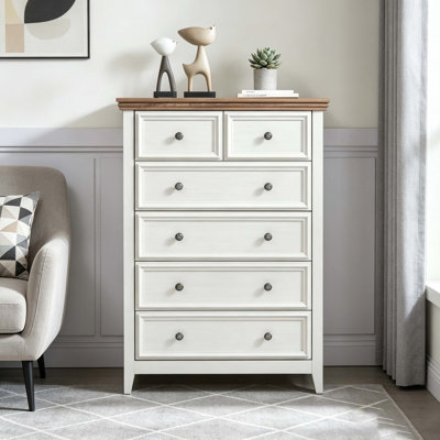 Commode de style campagne moderne à 6 tiroirs avec dessus en chêne, grande commode avec boutons en bronze, rangement pour chambre et salon