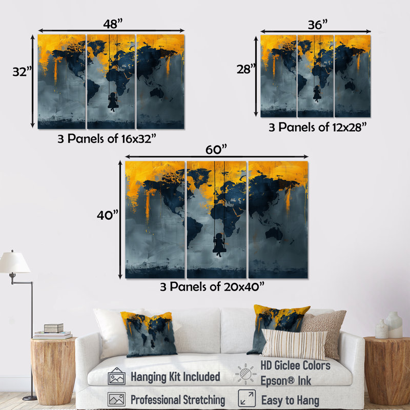 Jaune, jaune, carte du monde, aire de jeux Silhouette III - carte du monde, ensemble de salon d'art mural