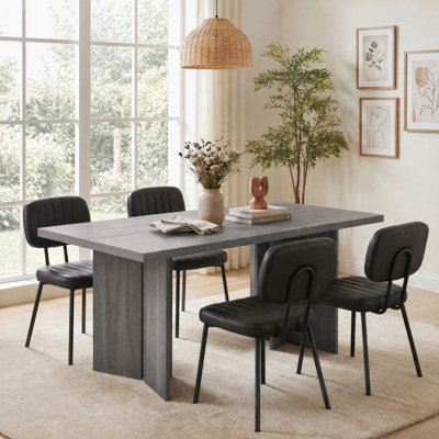 Ensemble de salle à manger rectangulaire 5 pièces Amiin, table fixe en bois veiné (1,6 m / 1,8 m) avec chaises rembourrées, style ferme moderne pour salle à manger ou cuisine.
