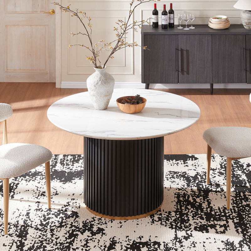 47“ Faux Marble Round Dining Table, With Flutted Pedestal Base