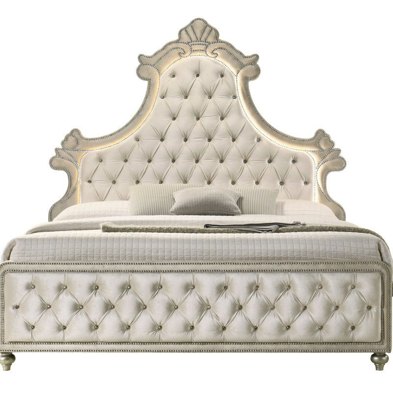 Lit en velours beige Lucienne EK avec DEL, Très grand, Bois synthétique