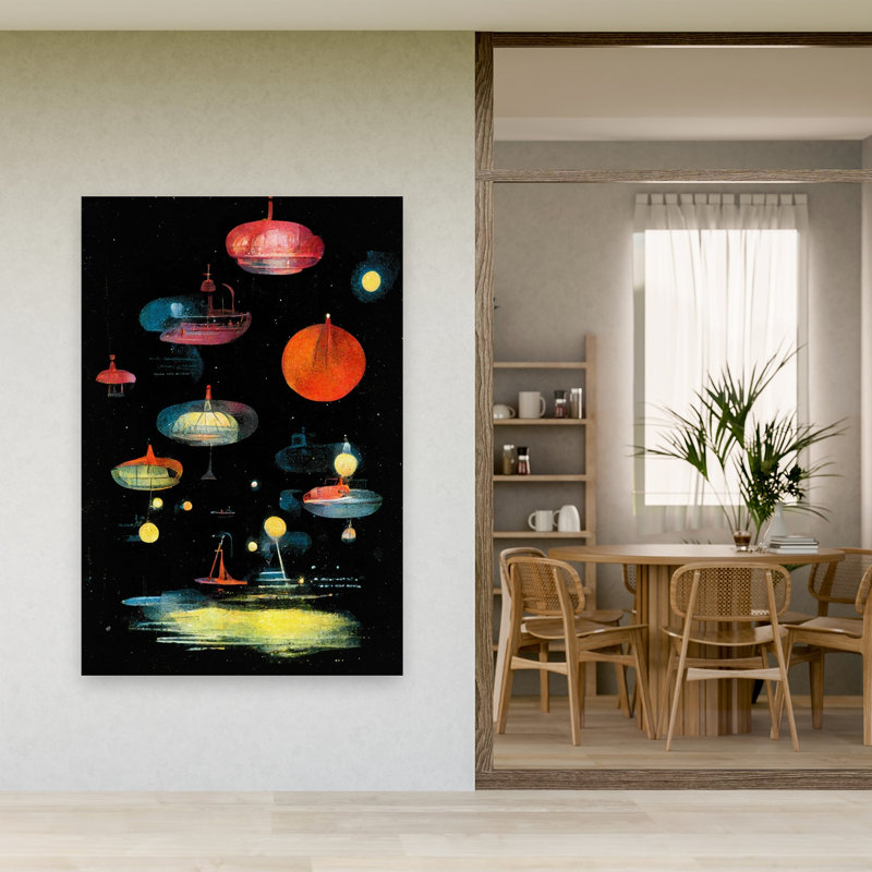 Lanternes, paysage abstrait contemporain, affiche murale nature, H 60 po x l 40 po