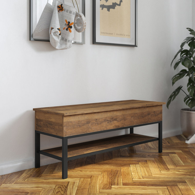 Banc de ferme avec dessus à charnière et tablette de rangement inférieure, Chêne rustique