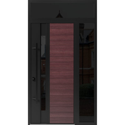 Façade avant en acier pré-suspendu / Ronex 0162 Chêne rouge / Fenêtre extérieure latérale et supérieure en métal / Entrée en métal peint moderne l 36 po x H 80 po + H 16 po à droite