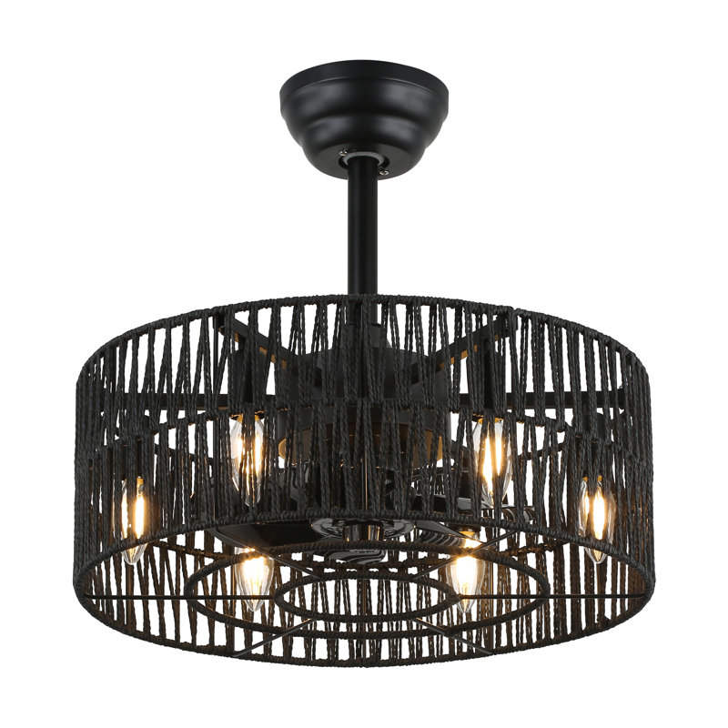 Angelyca Black Rattan Caged Ceiling Fan with Light and Remote, Reversible DC Motor, Rustic Farmhouse Fandelier