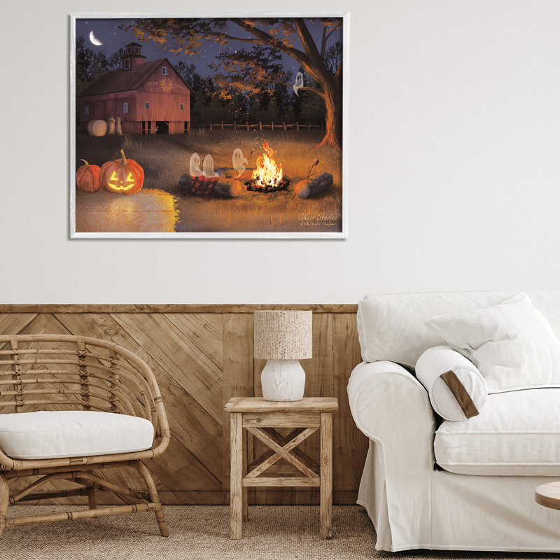 Spooky Ghost & Autumn Campfire, giclée encadrée, design par Billy Jacobs, H 24 po x l 30 po