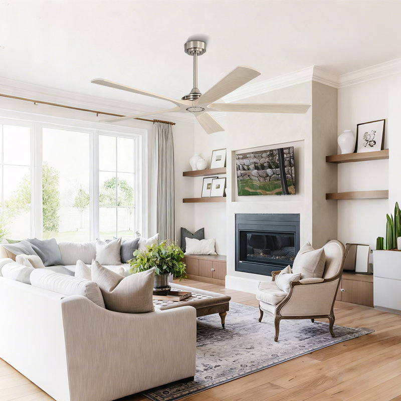  60inch 5 Solid Wood Blades Ceiling Fan Noiseless DC Motor 6 Speed Timer With Remote, Nickel, Nickel, Beige Wood