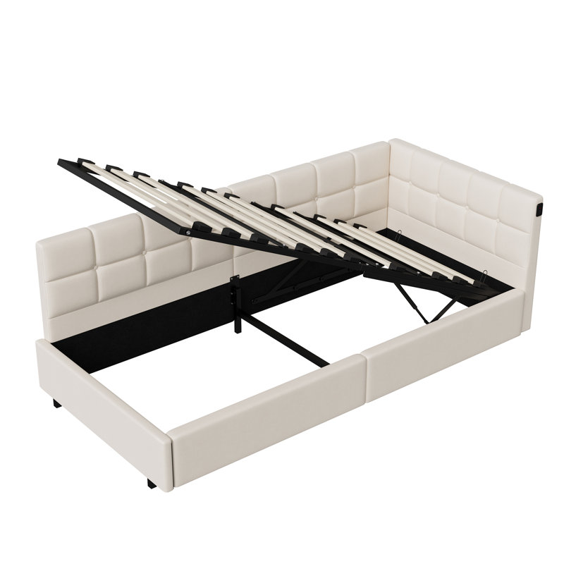 L-Shaped Upholstered Daybed With Hydraulic Storage, 3FT Single Sofa Bed With LED And USB Port, Upholstered Single Bed Ottoman Sofa Bed For Kids & Adults, Space-Saving Design, Grey(No Mattress, 90 X 200 Cm)