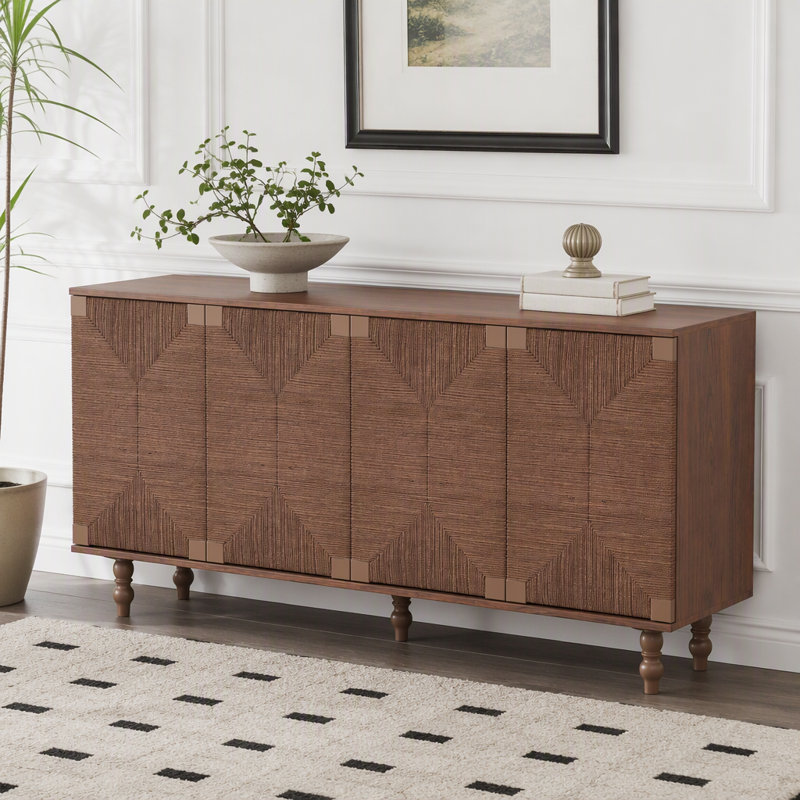 Buffet naturel avec portes en rotin faites à la main, Brun