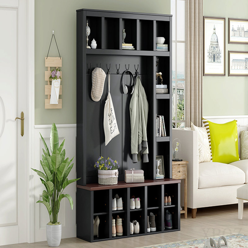 Farmhouse Wooden Hall Tree with 6 Hooks, Walnut Storage Bench with Adjustable Shelves, 4-in-1 Entryway Shoe Cabinet with Cubbies for Mudroom, Living Room, Black, 76.7"H