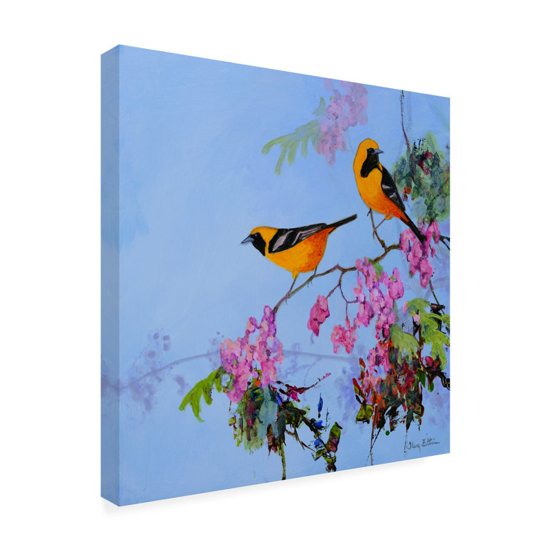 Art mural sur toile tendue - Floy Zittin "Hooded Oriole pair", art mural pour salon, chambre à coucher ou bureau - 24 x 24