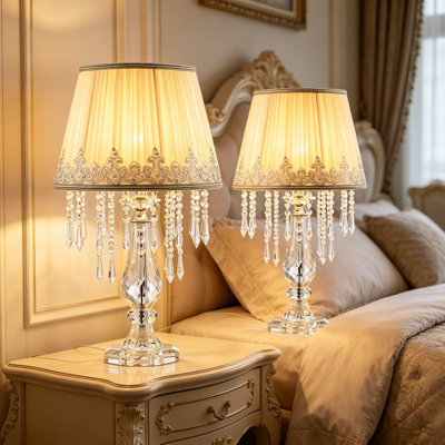 Ensemble de 2 lampes de table de chevet en cristal, à intensité variable avec abat-jour en tissu froncé, élégante lampe de table de chevet à brancher pour le salon, la chambre à coucher, la chambre des filles, 12,6 x 12,6 x 22,8 pouces, blanc