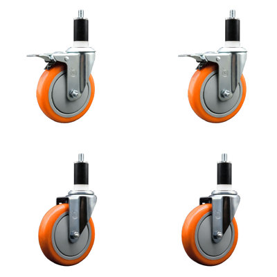 5 Inch 316SS Orange Poly Swivel 1-3/8 Inch Expanding Stem Caster Set 2 Lock Brake