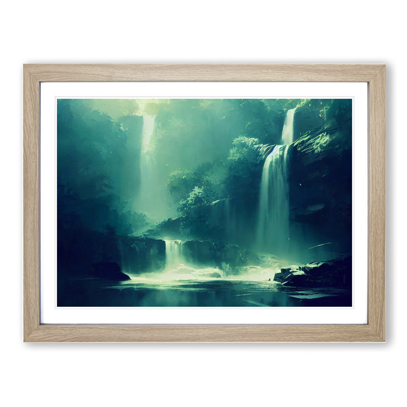 Entrancing Waterfall - Single Picture Frame Print, 46cm H x 64cm W x 2cm D, Oak