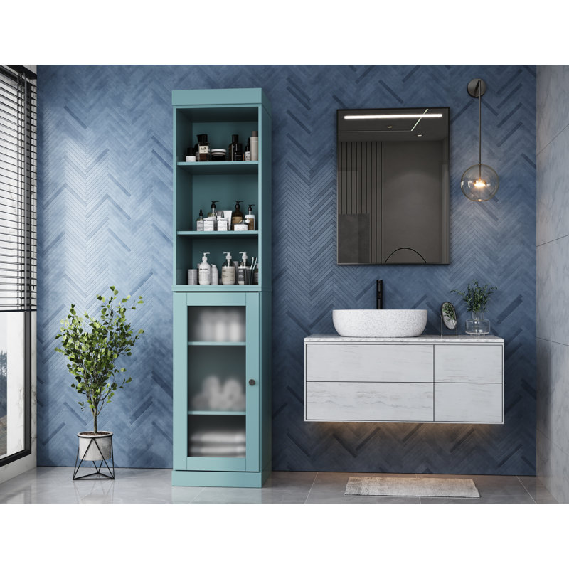 100% Solid Wood 16.5" Bathroom Storage Cabinet with Frosted Glass Doors and Adjustable Shelves, Aqua Blue