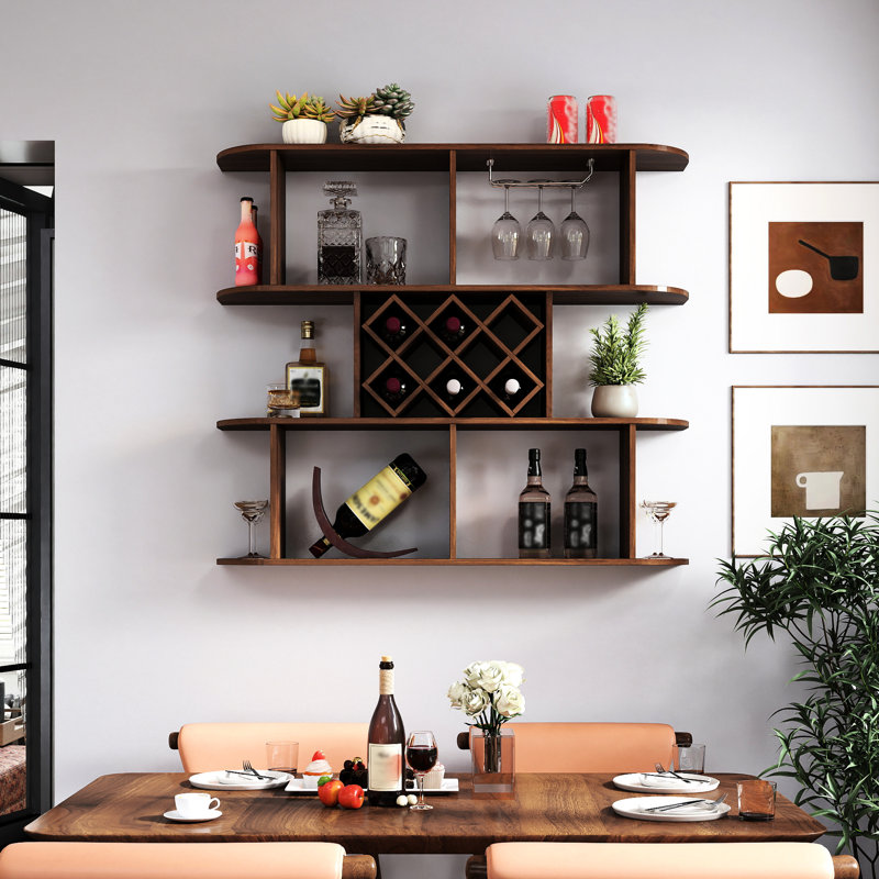 Support à vin mural rustique à 3 niveaux pour bouteilles, multifonctionnel avec support en verre pour tablette de bar, panneau de particules en noyer, profondeur 48,17 po, largeur 9,25 po, hauteur 40,08 po, poids 49,63 lb