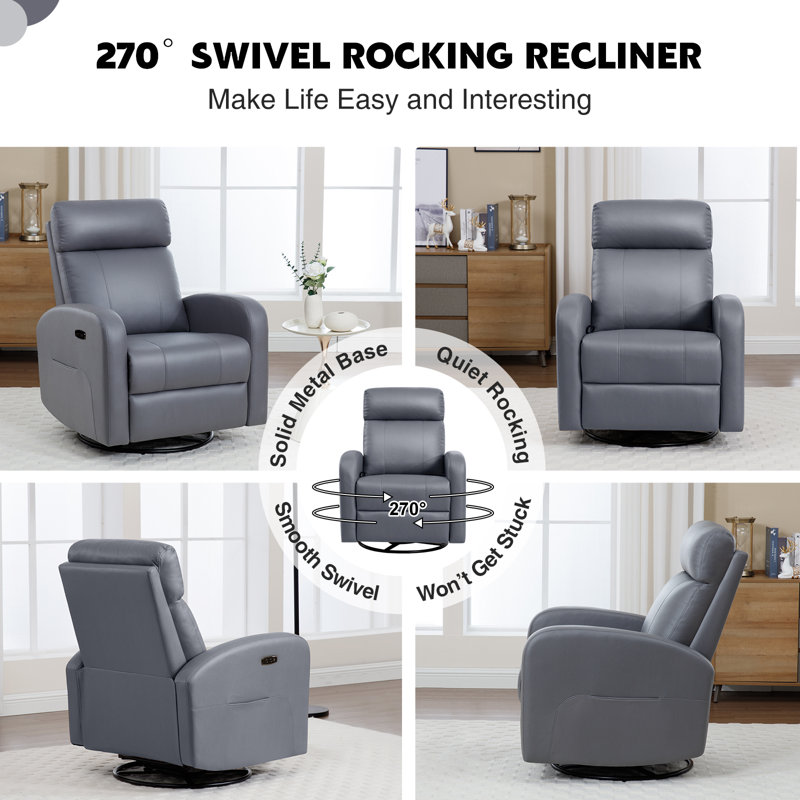 Gray Faux Leather Swivel Rocker Recliner with USB Port