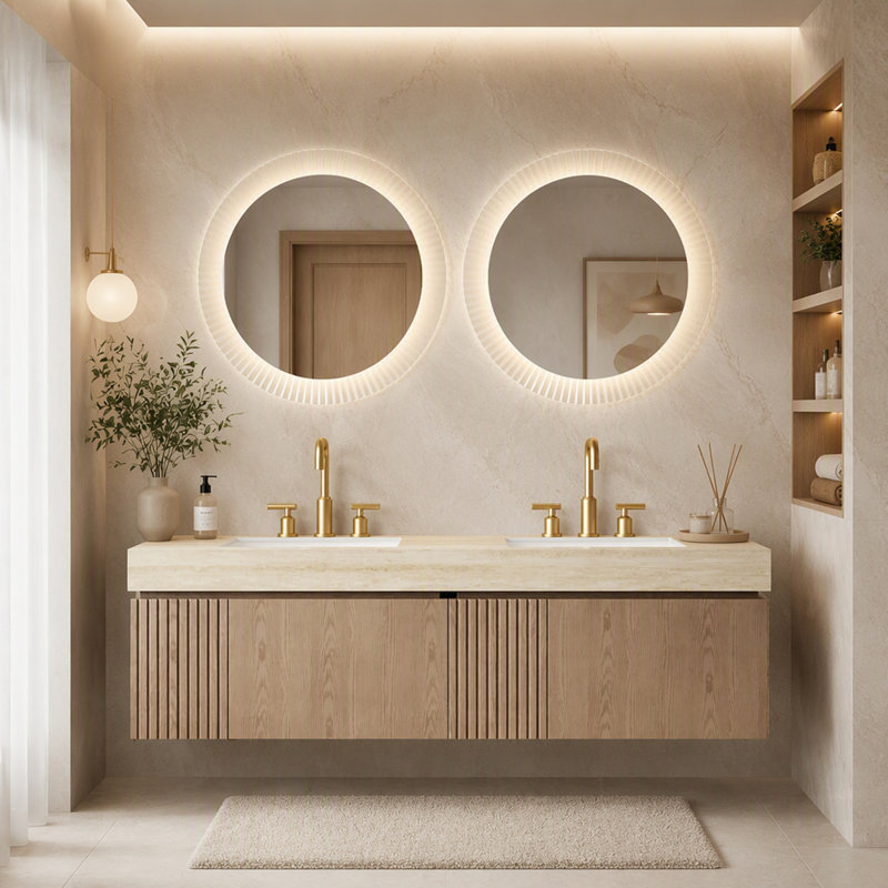 Meuble-lavabo de salle de bain avec lavabo, rangement flottant, plateau en pierre frittée Roma Travertine, 2 lavabos en céramique, pré-assemblé, grain de bois Heidelberg