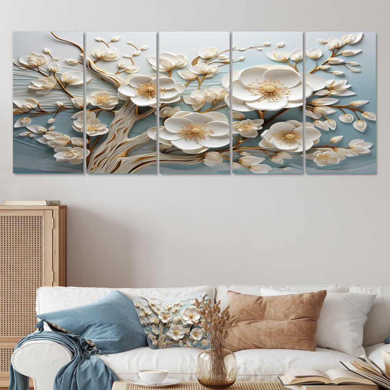 Orchidée blanche jardin de branches III - ensemble d'art mural floral abstrait 5 pièces, H 28 po x l 60 po