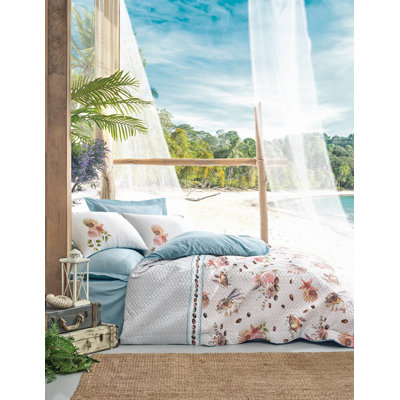 Ensemble de housse de couette 100% coton bleu / blanc / rose 3 pièces