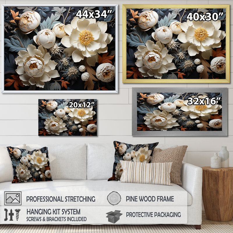 Beige Whispers Of Pivoines II, Cadre photo noir simple, H 12 po x l 20 po x P 1 po