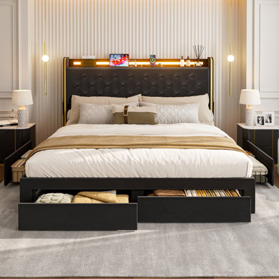  49.2" Tall King Size Bed Frame With 4 Storage Drawers, Velvet Upholstered Platform Bed With Wingback Storage Headboard, Led Lights & Charging Station, No Box Spring Needed, Noise Free, Black