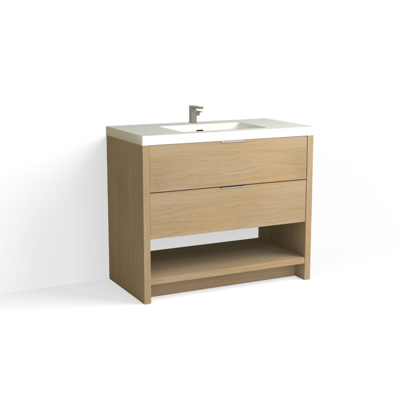Vue 42" W Freestanding Single Bathroom Vanity, Glossy White/8" Widespread, Matte Black, White Nanomatte