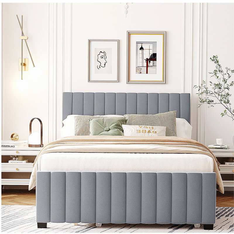 Lit plateforme double en velours avec plateau de rangement simple, Gris