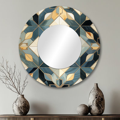 Roxeann Antique Beige And Blue Marrocan Tiles - Geometric  Unique Wall Mirror Decor, Modern Large Round Mirror, Printed Metal Art