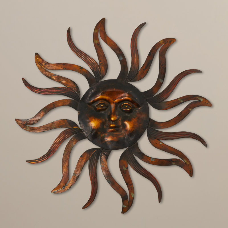Metal Sun Home Wall Decor with Distressed Copper Like Finish