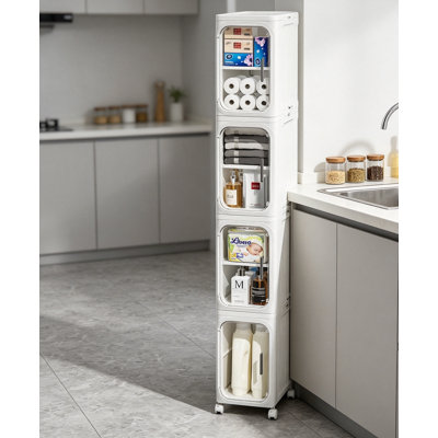 Narrow Storage Cabinet with Wheels & 4 Doors, Removable Panel