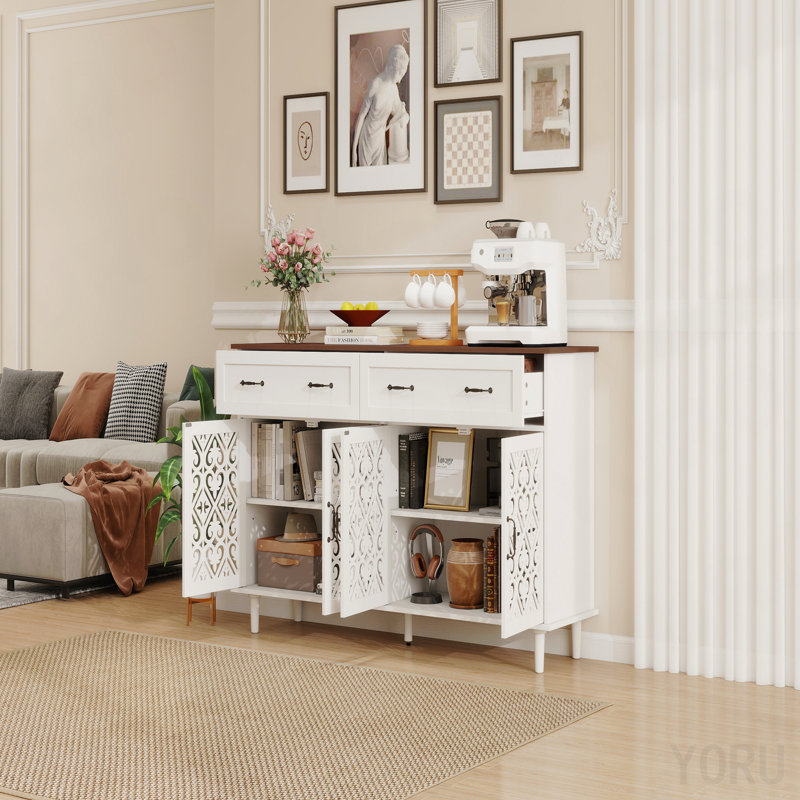 Buffet rétro 4 portes / 2 tiroirs, portes géométriques sculptées, bois vieilli - bois clair, White/Walnut