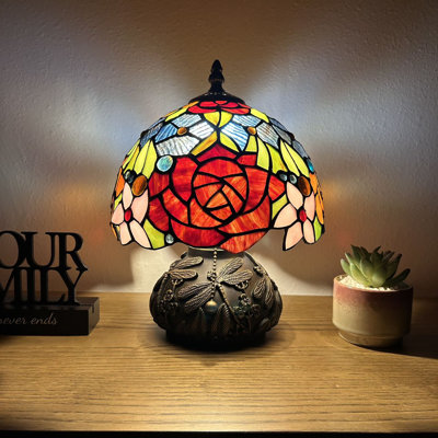 Standwood Tiffany Mini Table Lamp Red Orange Stained Glass Rose Flowers LED Bulb  Included  8"W*8"D*12"H