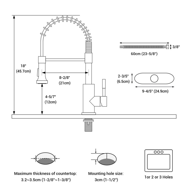 Robinet de cuisine rétractable à poignée simple avec douchette latérale, Noir mat