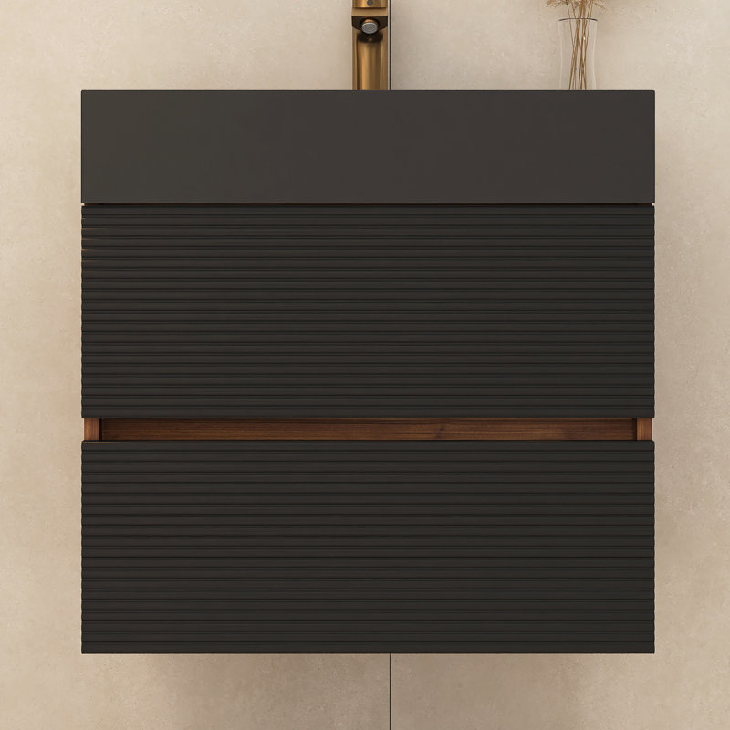 24'' Wall Mounted Single Sink Bathroom Vanity With Quartz Top, Black/Walnut, 24"