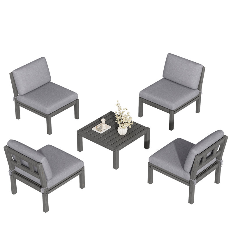 4 - Person Modular Patio Conversation Sets With Cushions, 5-Piece Outdoor All-Weather Waterproof HIPS Sofa Seating Group, Gray