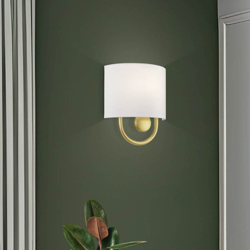 1 Light Brushed Nickel ADA Sconce With Hand Crafted Off-White Fabric Shade, Soft Gold