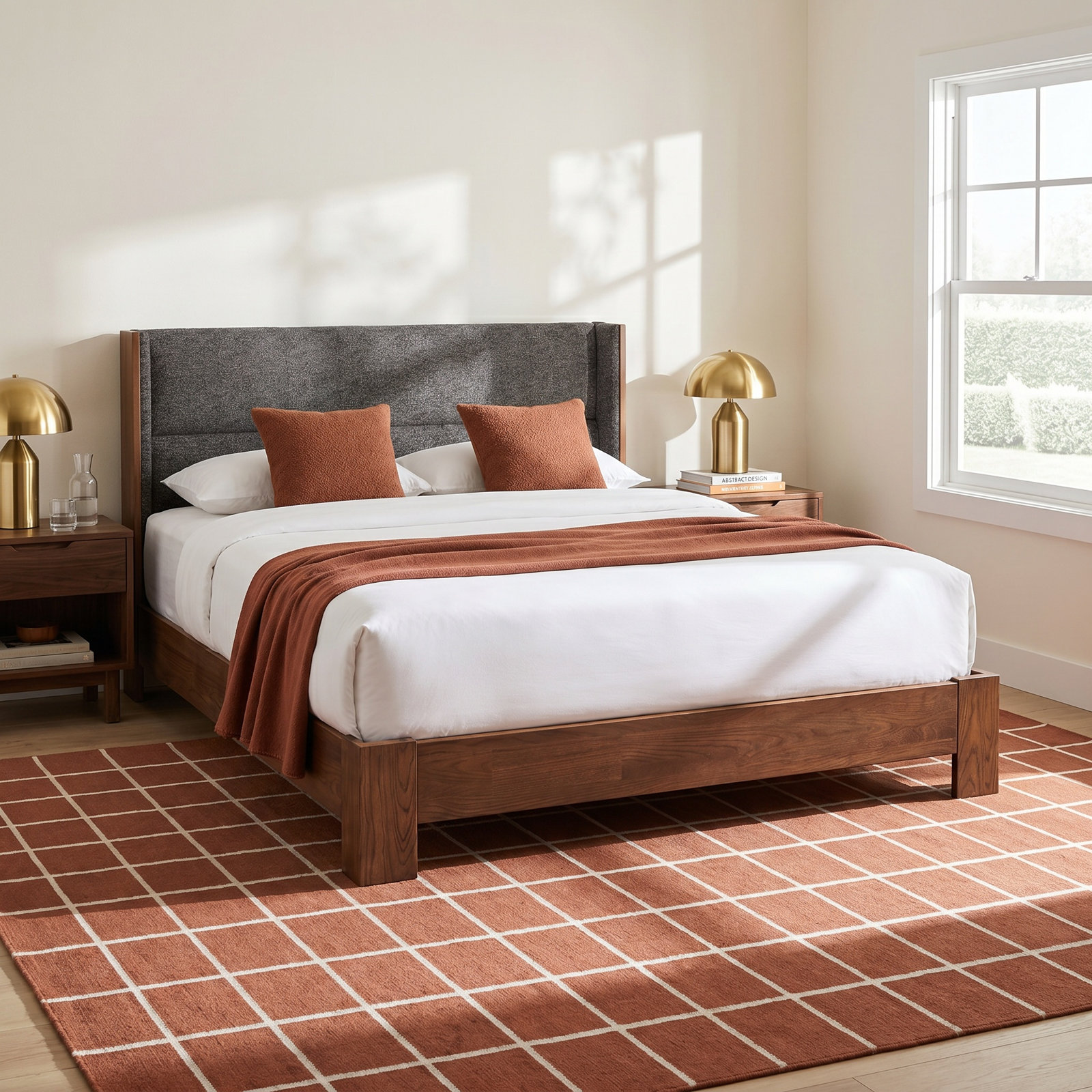 Sloane Wingback Walnut Bed, Queen, Fabric Slate (M10245), Natural Walnut