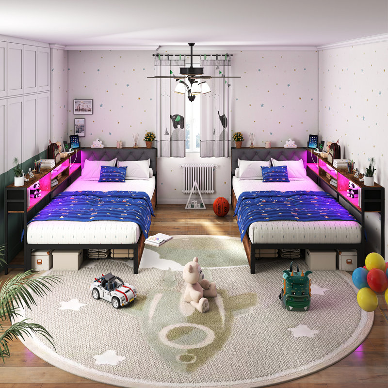 Corner Bed Frame with 2 Drawers and Storage Bookcase, Daybed with Charging Station and LED Lights, Extra-long Twin