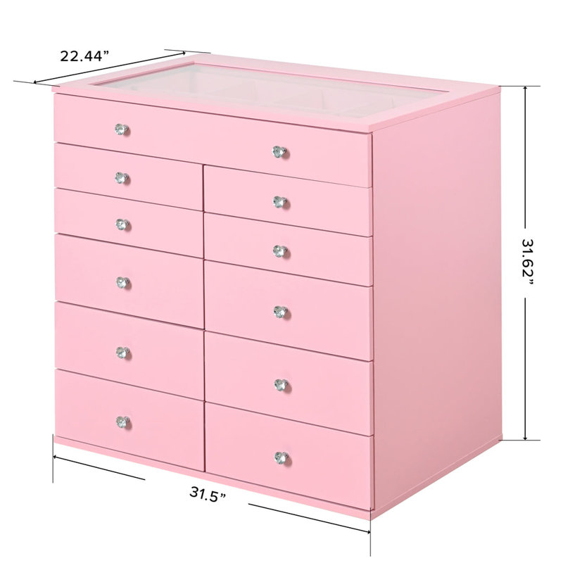 SlayStation Display Chest with 11 Makeup Drawers, Crystal Lux Knobs, Craft Storage Organization, Pink